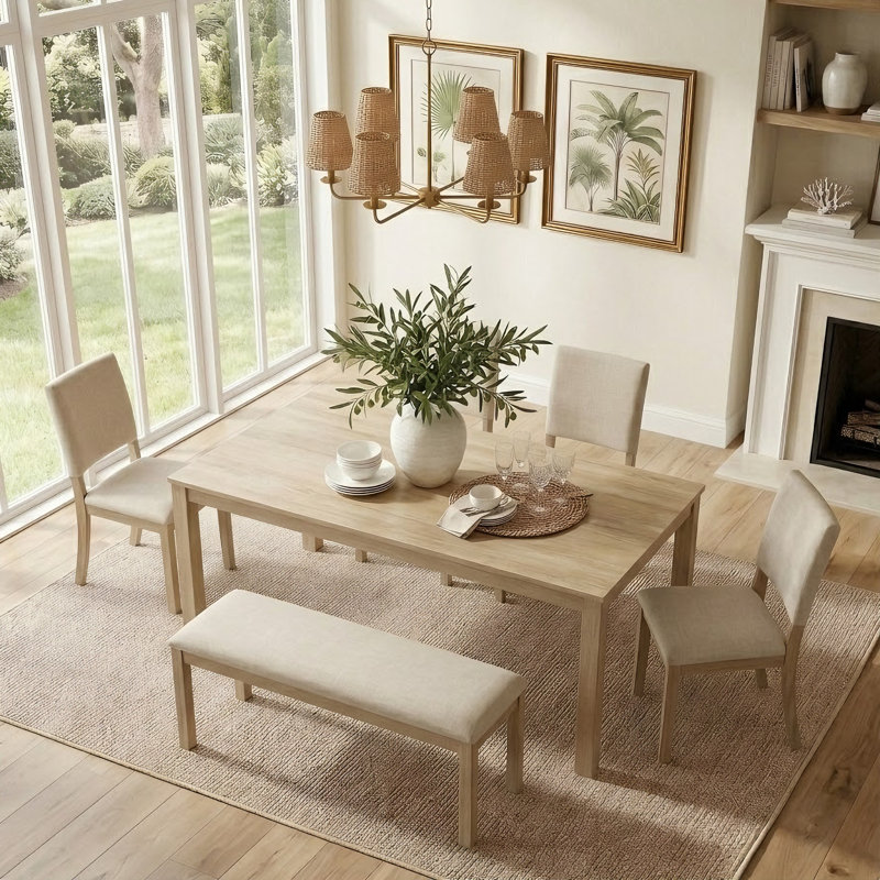 Ensemble de salle à manger 6 pièces en bois | Table rectangulaire, 4 chaises et banc pour la maison, Chêne clair