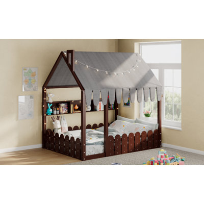Charmant lit double Montessori, bois massif, design rustique pour chambre d'enfant