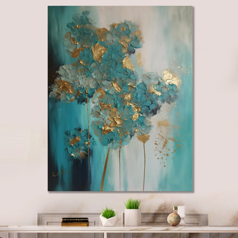 Hortensia fleur floraison rétro or bleu sarcelle - art mural hortensia, H 44 po x l 34 po x P 1,5 po, Toile tendue