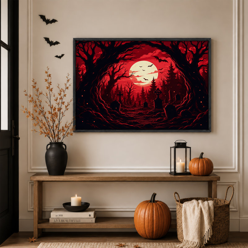 Cimetière sombre avec pleine lune et chauves-souris sous une toile rouge d'Halloween, 18"H x 24"W