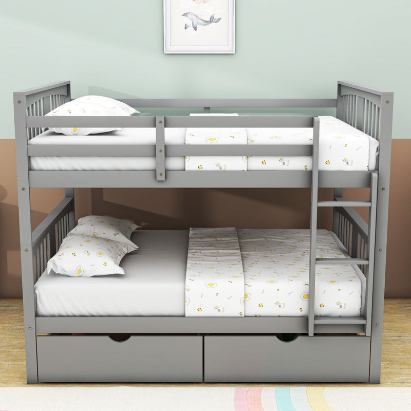 Lit superposé double avec tiroirs de rangement sous le lit et garde-corps, Gris