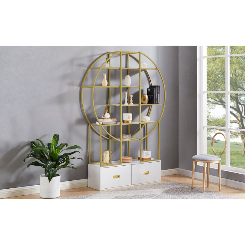 70.8 Inch Round Office Bookcase Bookshelf, Display Shelf, Two Drawers,Frame