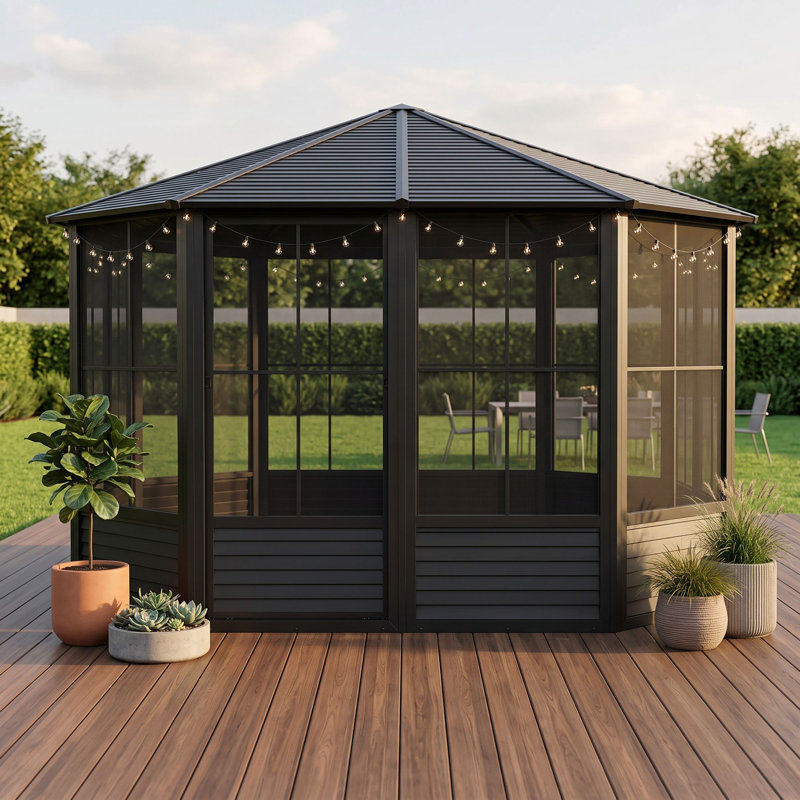 Gazebo Penguin Florence Solarium 3,66 m x 3,66 m Toit en métal - Noir, 12 pi. L 12 pi. D, Noir, Noir