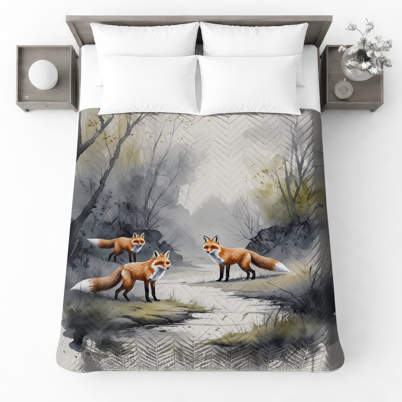 Couvre-lit matelassé Three Foxes In Forest, Lit simple