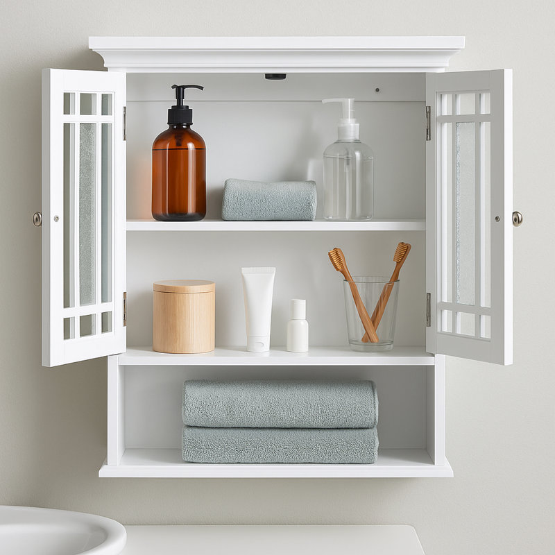 Armoire murale amovible à deux portes avec portes en mosaïque en verre Caleb, tablette réglable pour le rangement de la salle de bain ou de la maison
