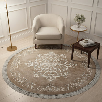 Tapis rond rond à médaillon oriental avec frange