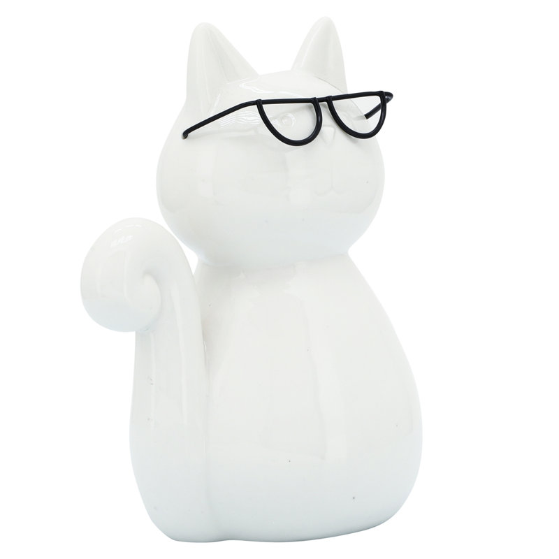Adalmiina Modern Stoneware and Porcelain Cat Figurine with Glasses, 8" H x 6" W x 4" D