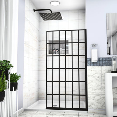 Porte de douche fixe noire matte l 38 po x H 72 po - Panneau simple, panneau de salle de bain polyvalent à entrée ouverte, teinté, luxueux