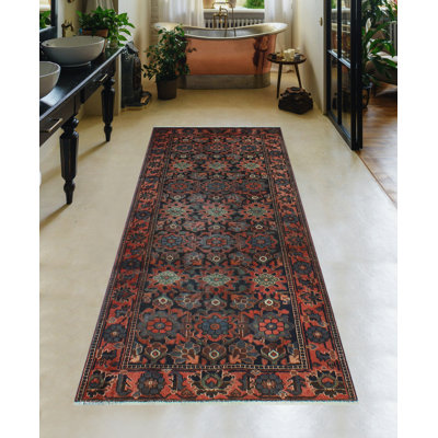 Tapis de couloir unique en laine noué à la main de style années 1980 de 3 pi 11 po x 9 pi 8 po Jalise de couleur rouille / bleu / vert