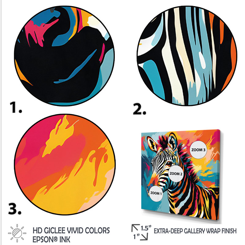 Coloré Popart fantaisie zébrée I - art mural zèbre, Cadre simple noir, H 30 po x l 30 po x P 1,5 po