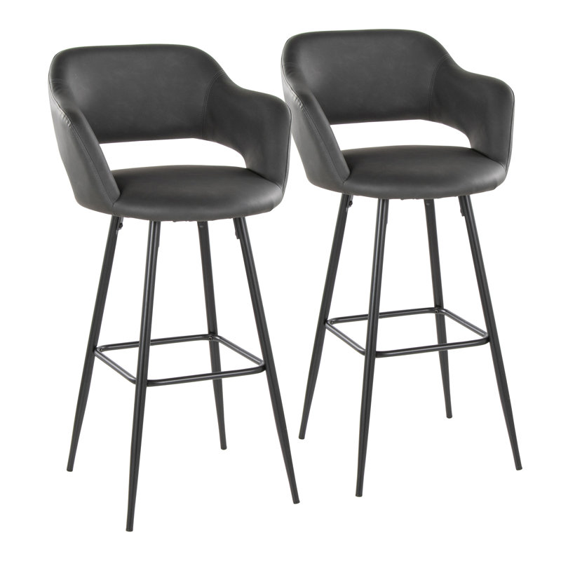Set of 2 Gray Faux Leather Counter Stools with Black Metal Legs