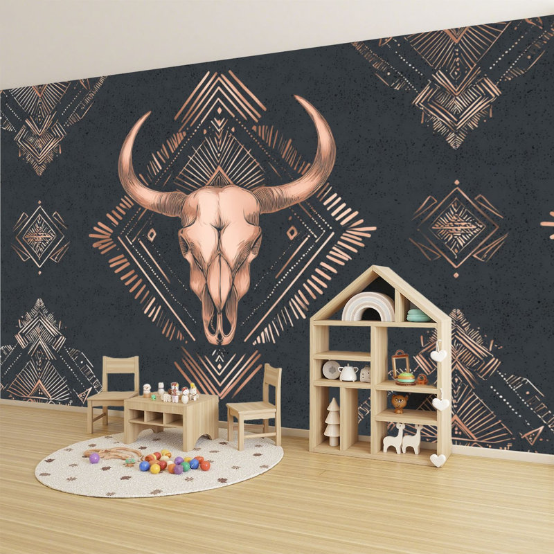 Peel and Stick papier peint mural Boho cornes de crâne de taureau sans soudure, arrangement ethnique, objets minimalistes, art mural auto-adhésif et amovible