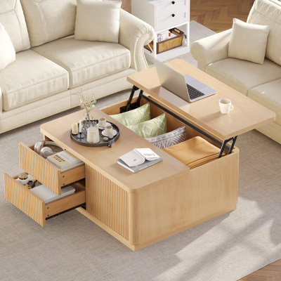 39.4" Lift Top Coffee Table with Large Hidden Compartment, Modern Square Coffee Table with 2 Drawers and Adjustable Shelves, Natural