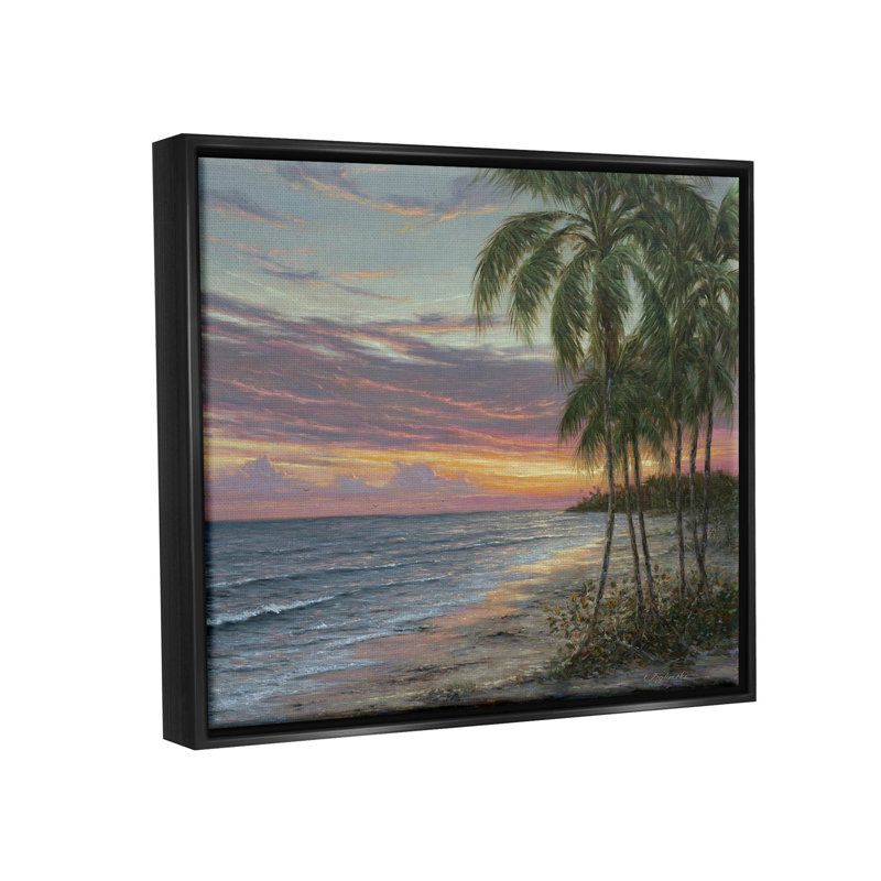 «Summer Beach Palm Trees», peinture sur toile à cadre flottant, Cadre flottant noir de jais, H 17 po x l 21 po x P 1,7 po