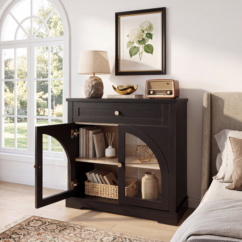 Meuble de rangement d'appoint avec 2 portes vitrées cintrées et 1 tiroir, Noir