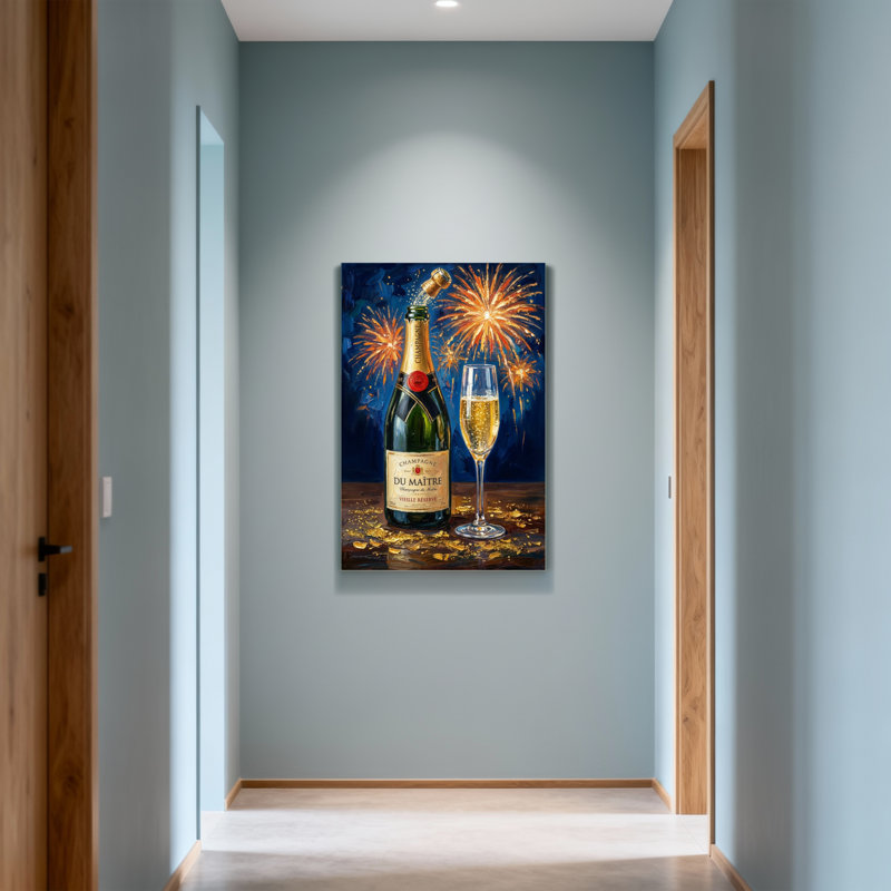 Bouteille de champagne tendance et verre avec fond de feux d'artifice, H 36 po x l 24 po