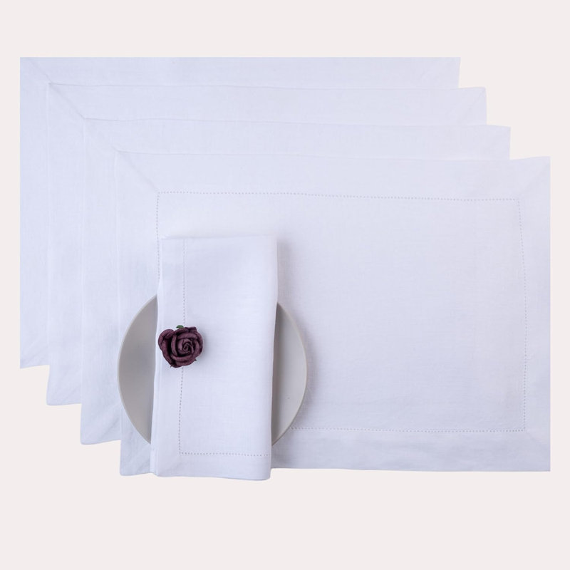 Ensemble de 6 napperons Signature par D'Moksha, 100% lin pur, point ajouré, Blanc