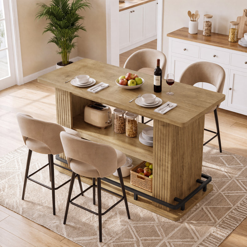 Îlot de cuisine de 160 cm avec 3 tablettes et repose-pieds en métal