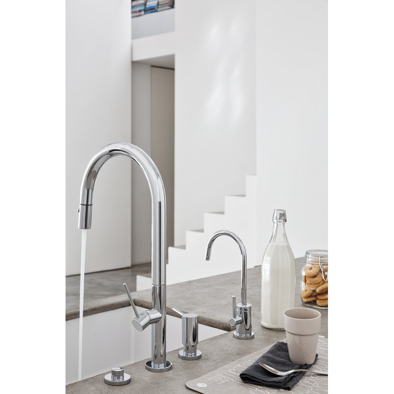 Pull-Down Prep/Bar Faucet With Button Sprayer, Black Flat Blade, Antique Brass Flat