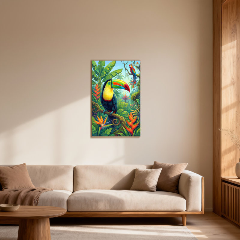 Toucan animaux perchés sur une branche avec un perroquet en arrière-plan, H 12 po x l 18 po