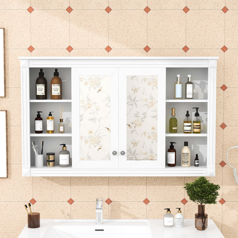 Armoire de rangement murale à miroir avec intérieur réglable et tablettes ouvertes, Blanc
