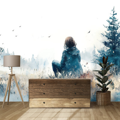 Tranquil Woman In Nature Wallpaper – Serene Watercolor Landscape With Trees And Birds – Calming Artistic Mural
