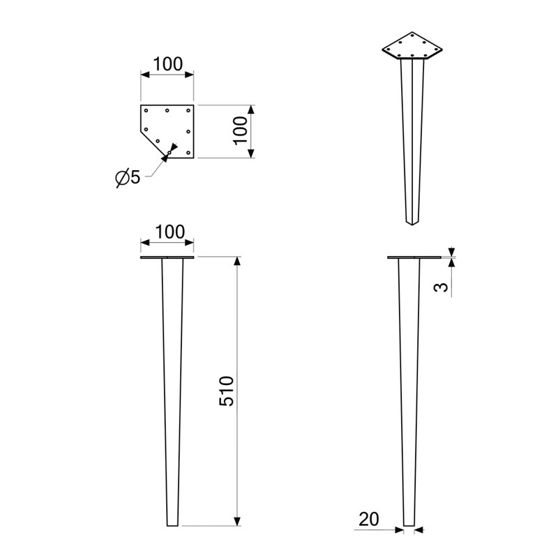 Minard Table Legs, 51cm H x 10cm W x 10cm D