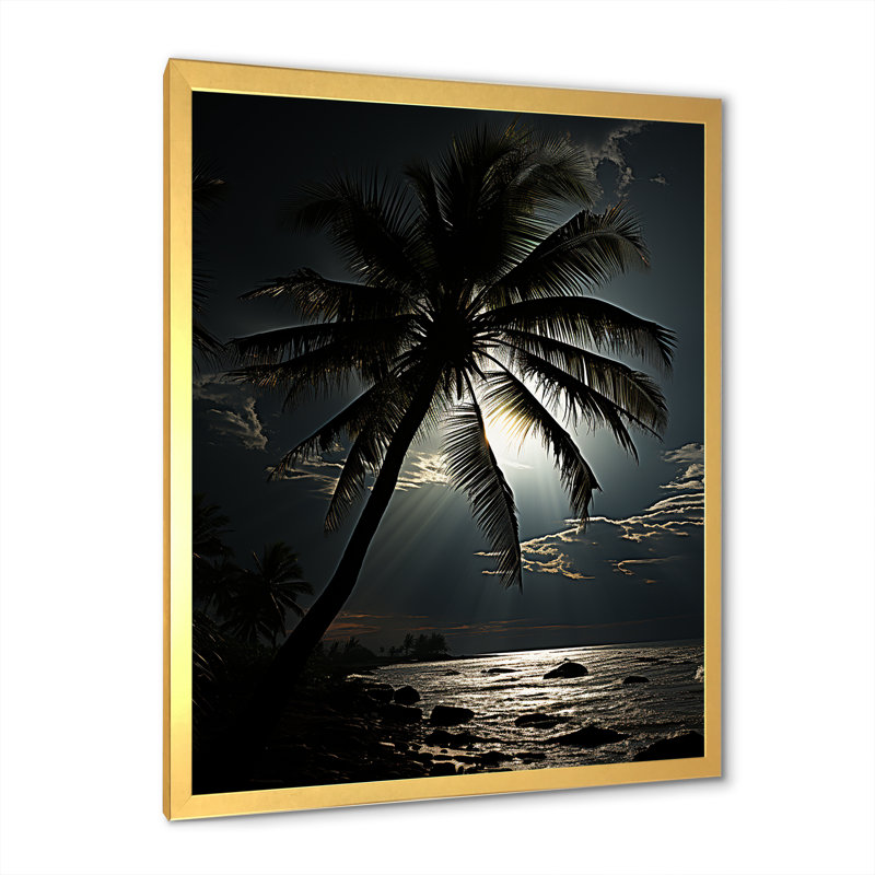 Palmier au clair de lune ébène sur toile, H 40 po x l 30 po x P 1,5 po, Encadrement doré