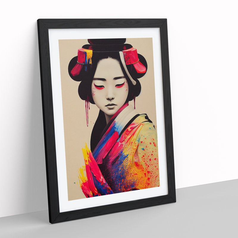 XV1022-4088X Splashed Geisha No.3 1 Piece Single Picture Frame Painting, 64cm H x 46cm W x 2cm D, Black