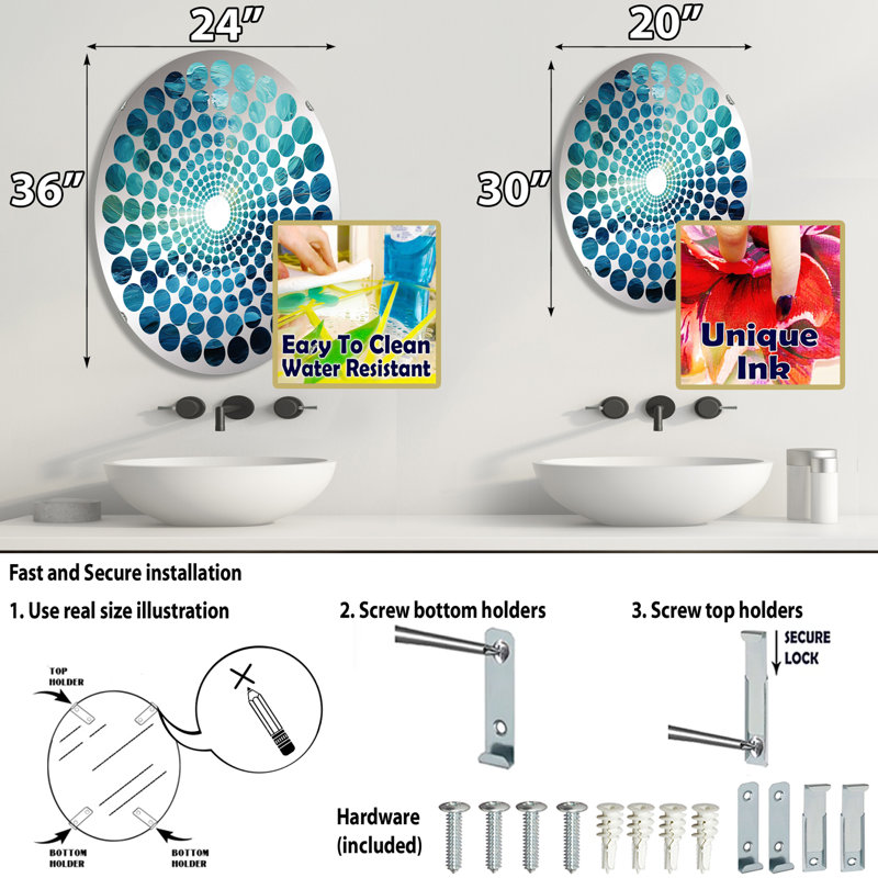 Miroir décoratif bleu turquoise et blanc Serenity Swirl II - Radial Dot MIR106198 O, L 24 po x H 36 po