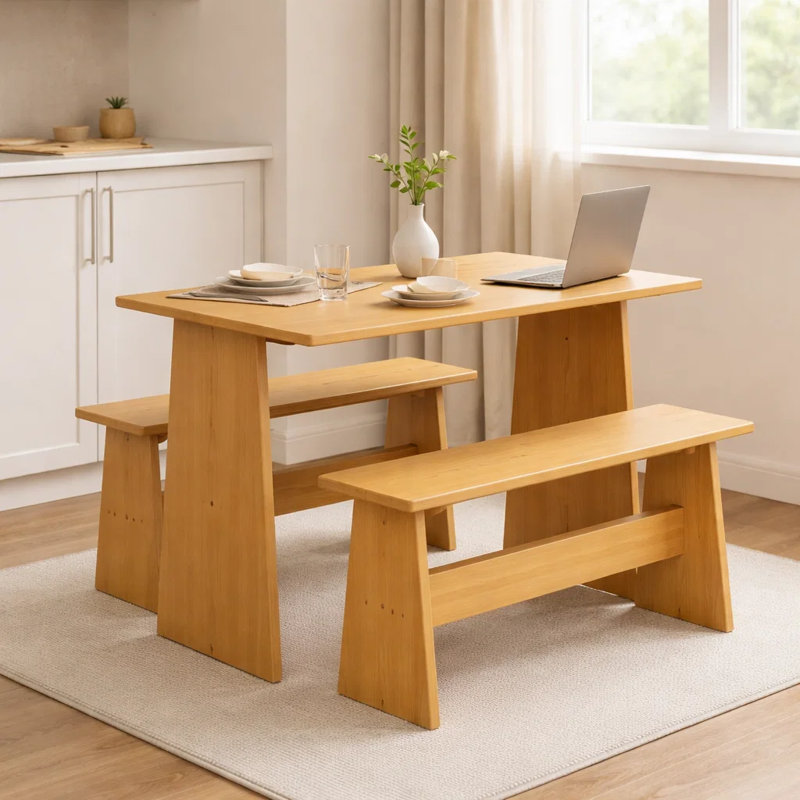 Ensemble de salle à manger 3 pièces 28,94 po en bois massif compact avec table et bancs - finition chêne naturel, Beige