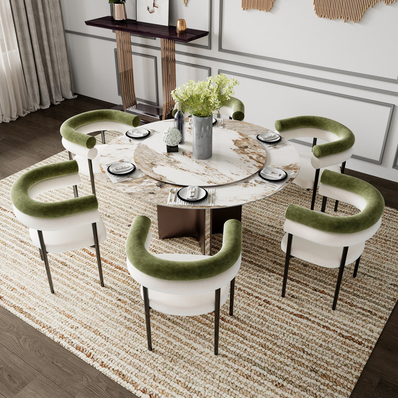 7-Piece Dining Table Set with 6 Dining Chairs, 51'' Modern Round Sintered Stone Table with Lazy Susan