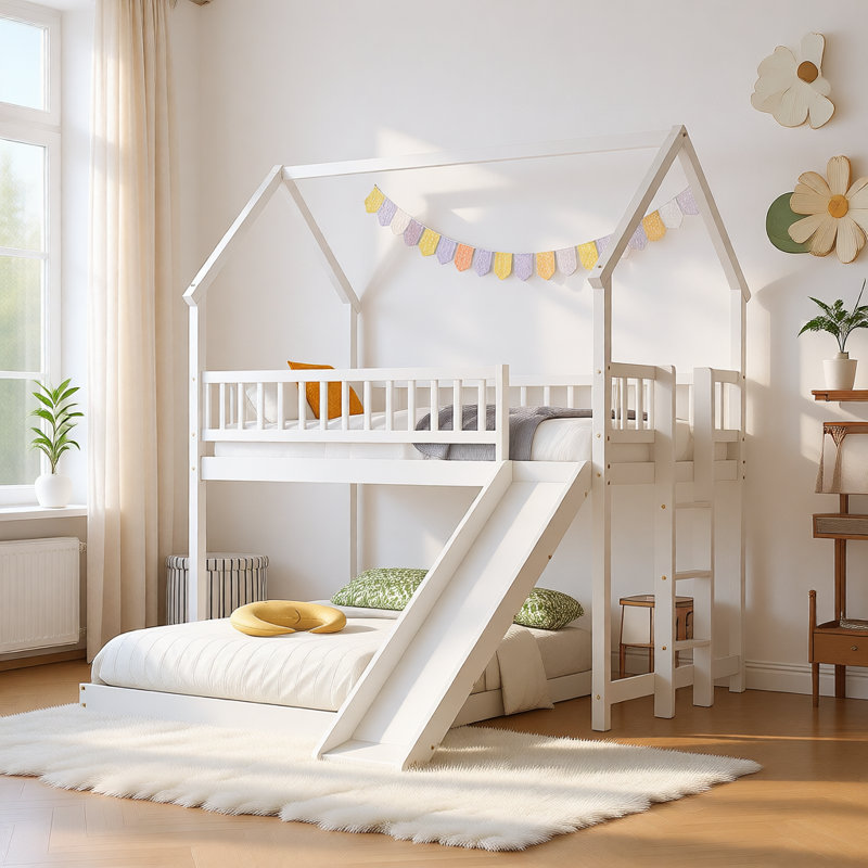 Twin over Full House Bunk Bed with Slide and Built-in Ladder, Solid Wood Frame, White, White
