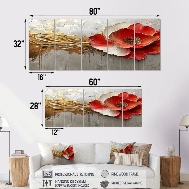Pivoines dorées rouges sur l'horizon de marbre II - pivoines, art mural - décoration murale traditionnelle, H 28 po x l 60 po