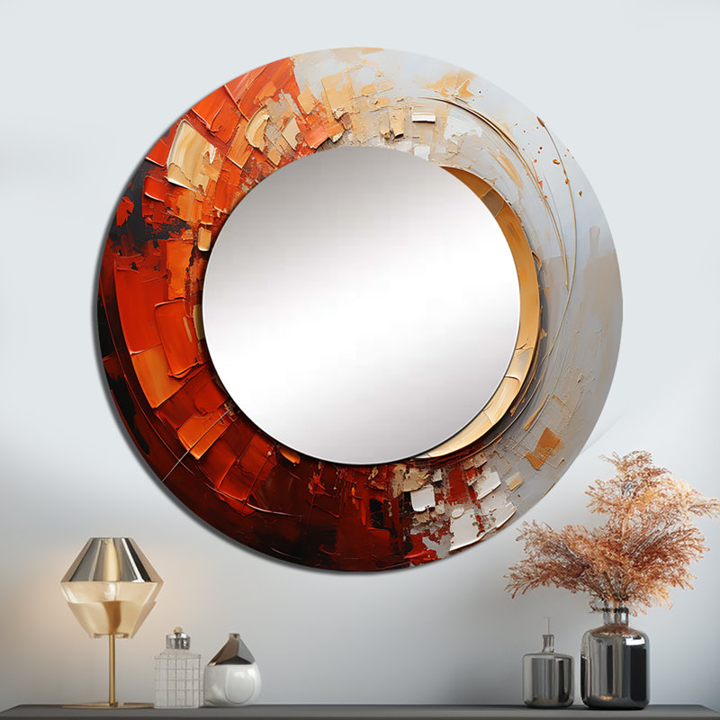 Energetic Spiralscape I - Abstract Spirals Decorative Wall Mirror, Orange Round Mirror, Printed Metal Art, 36" x 36"