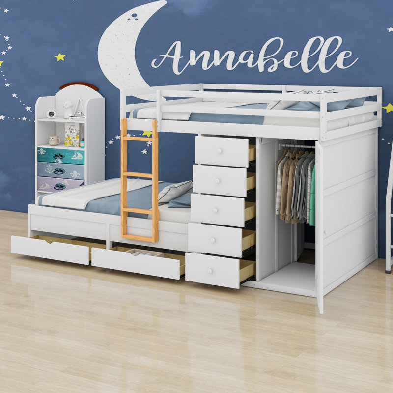 Bunk Bed With 2 Large Drawers 5 Small Drawers And Built-In Small Wardrobe, White