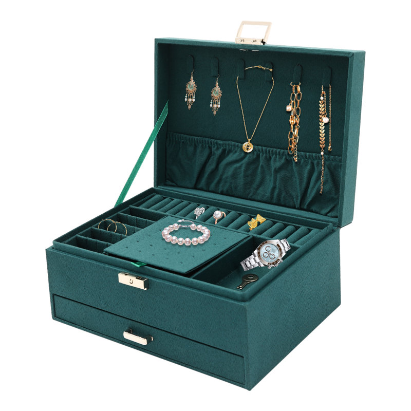 3-Layer Dark Green Flannel Ring Necklace Jewellery Box with Lock