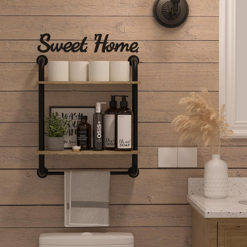 Bathroom Shelves Wall Mounted, Rustic Farmhouse Pipe Shelves, 2-Tier, Industrial Shelving, Floating Shelf Decor For Bathroom, Kitchen, Bedroom, Living Room 17.3 Inch