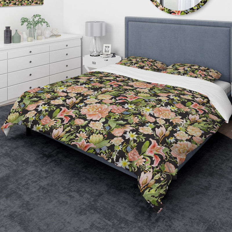 Ensemble de housse de couette fleurie designart watercolo, Housse de couette grand + 2 taies décoratives