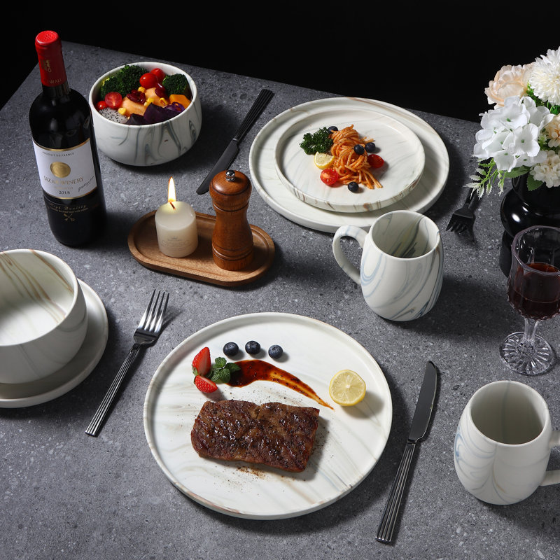 Service de table à motif en marbre Lorren Home Trends, 16 pièces de vaisselle et tasses en céramique, motif tourbillon moderne, beige et gris 