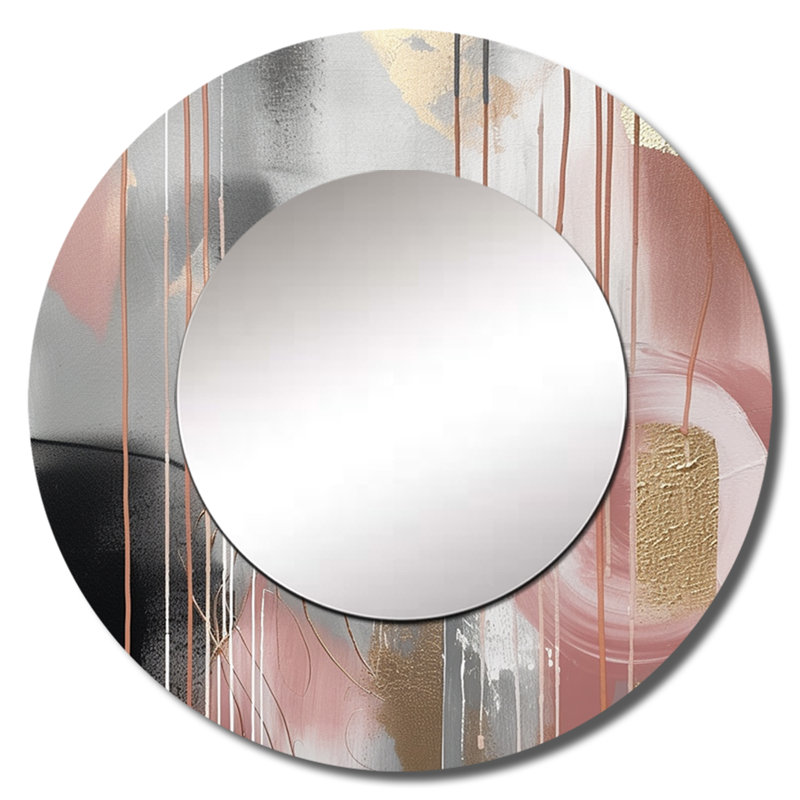 Pierangelo, cercle doré doré complexe - miroir mural décoratif formes transitionnelles, miroir rond rose, impression d'art en métal