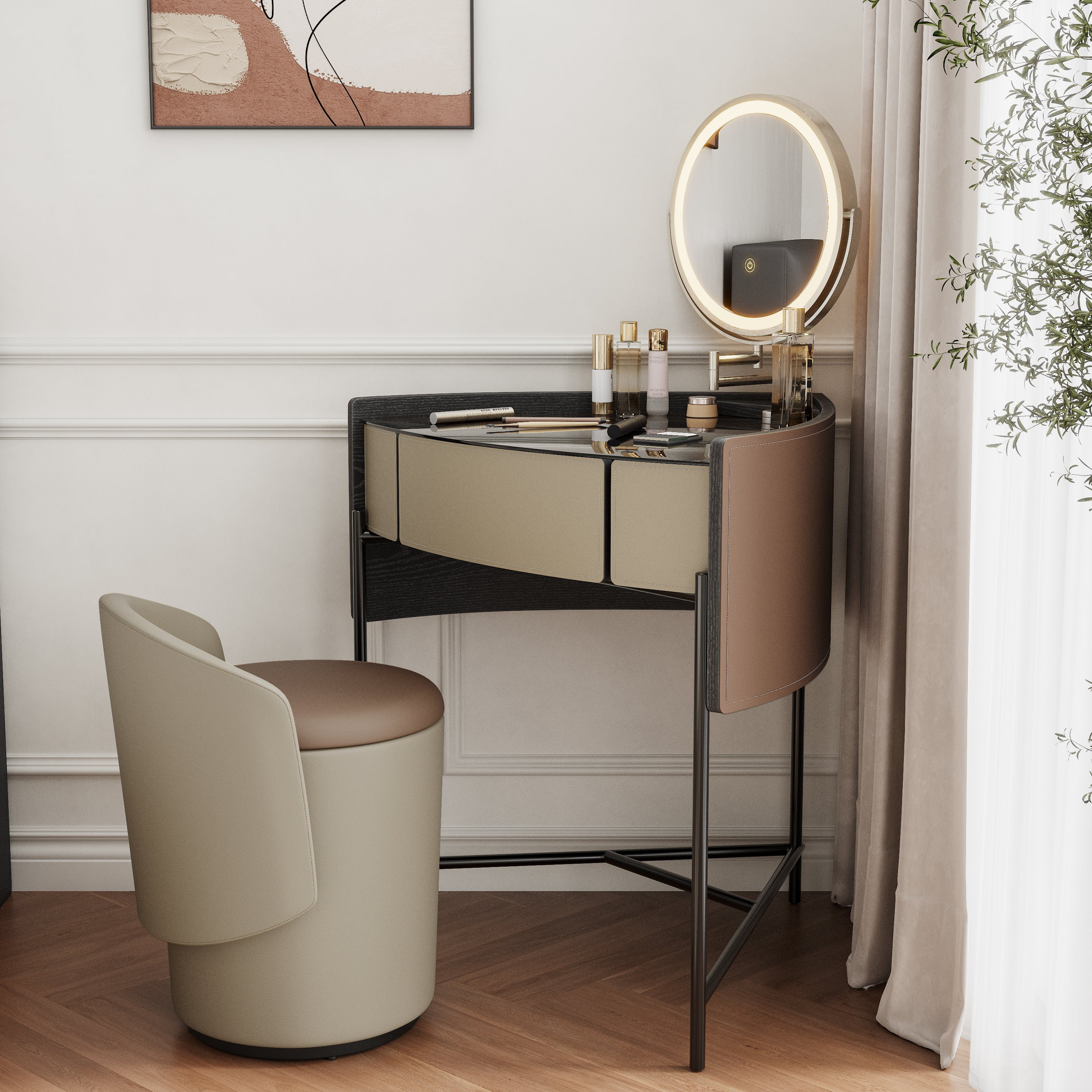 Orren Ellis Triangular Corner Makeup Vanity Set With Storage Drawers ...