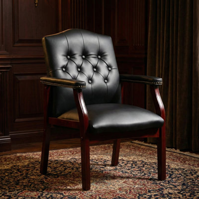 Fauteuil de bureau ergonomique à haut dossier - Fauteuil de direction simple en cuir noir pour salles de réception et de conférence, salle d'attente, réunion, vestibule, église, sans roues avec accoudoirs