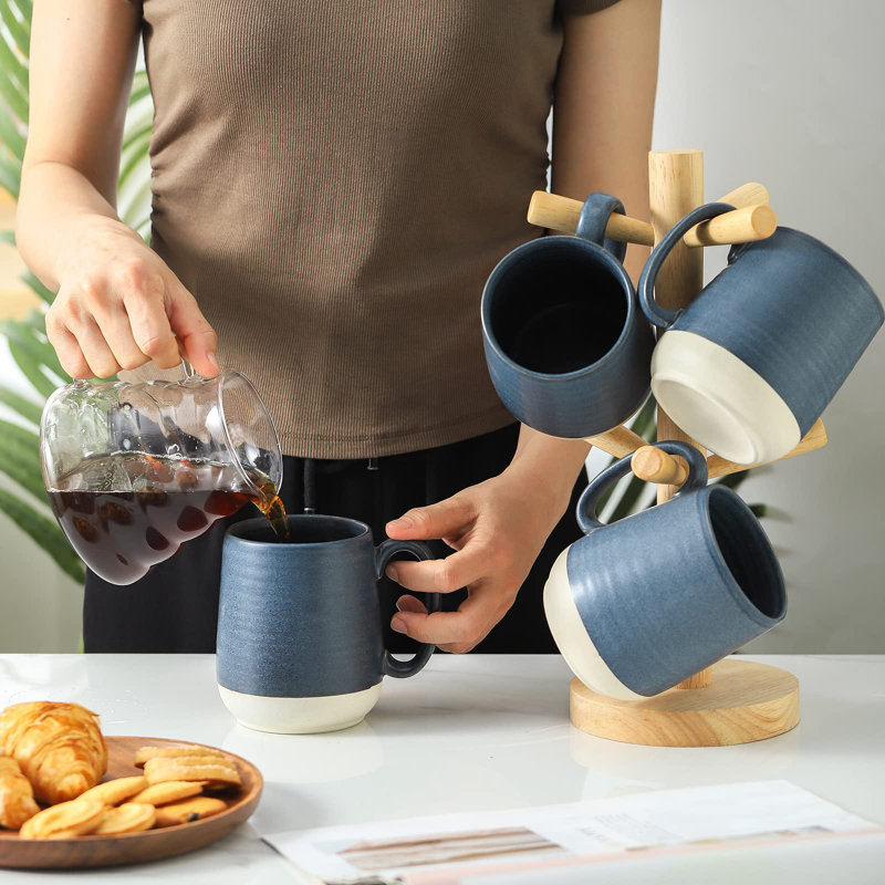 Dark Blue Ceramic Large Coffee Mugs Set with White Bottom