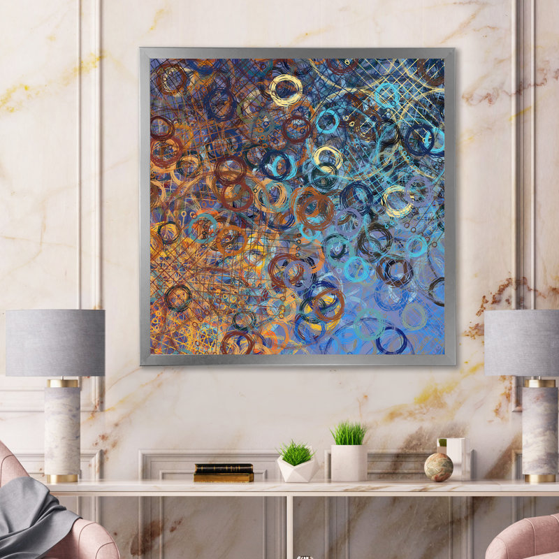 «Brown and Blue Grunge Circle Art», reproduction d'art sur toile encadrée, H 36 po x l 36 po x P 1,5 po, Cadre photo argenté