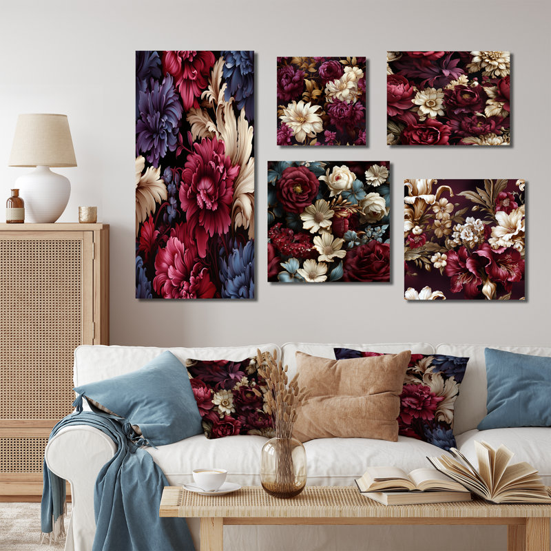 Victorian Renaissance Revival Victorian Pattern - Floral Reproduction d'art sur toile, ensemble de 5, Toile tendue