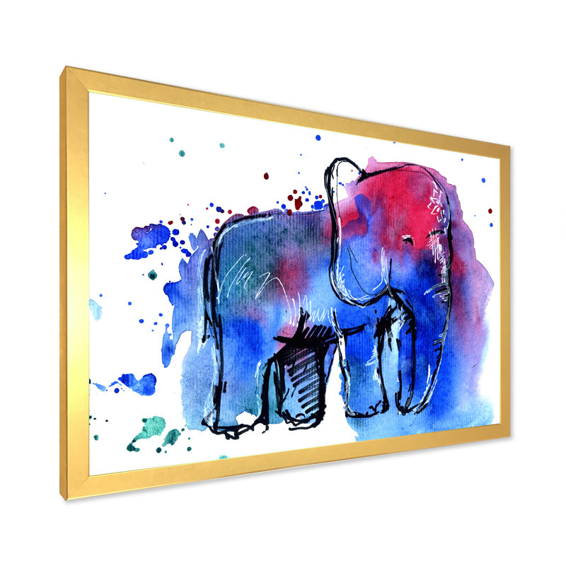 Impression d'éléphant bleu et rouge - Peinture sur toile, Cadre doré à coins fermés, H 34 po x l 44 po