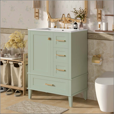 Meuble-lavabo de salle de bain avec lavabo en céramique, armoire autoportante moderne avec porte à fermeture en douceur, tiroir profond, tiroir peu profond et tiroir large pour un rangement peu encombrant