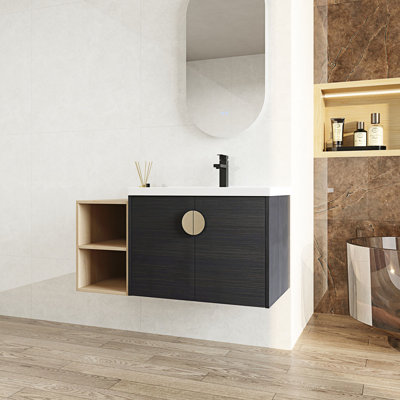 Meuble-lavabo à fermeture en douceur avec lavabo et petites tablettes de rangement