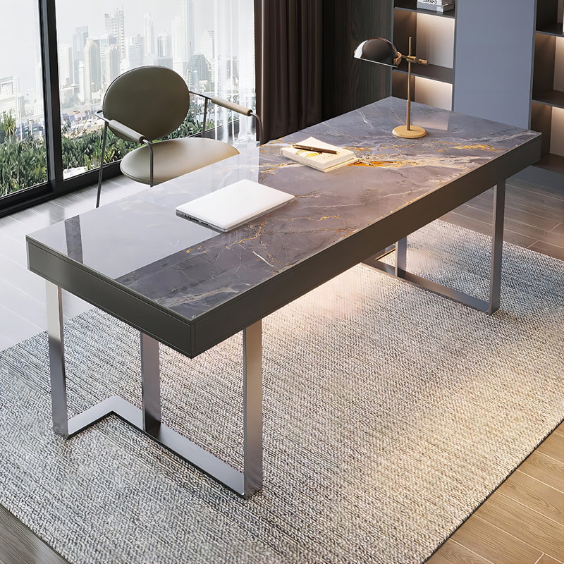 Bureau d'écriture rectangulaire en pierre frittée 55,12 po gris, 3 tiroirs, H 29,76 po x l 62,99 po x P 31,5 po